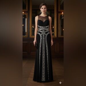 Rachel Allan Beaded Sequin Illusion Prom Pageant Dress Black Size 10
